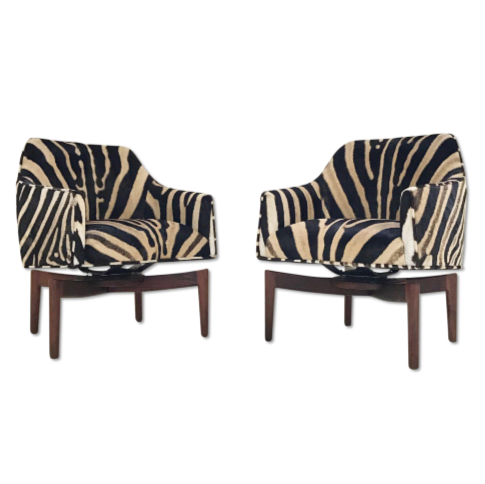 Jens Risom Walnut Base Swivel Chairs in Zebra Hide