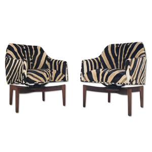 Jens Risom Walnut Base Swivel Chairs in Zebra Hide