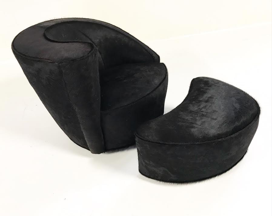 Vladimir Kagan Nautilus Chair and Ottoman in Natural Black Brazilian Cowhide