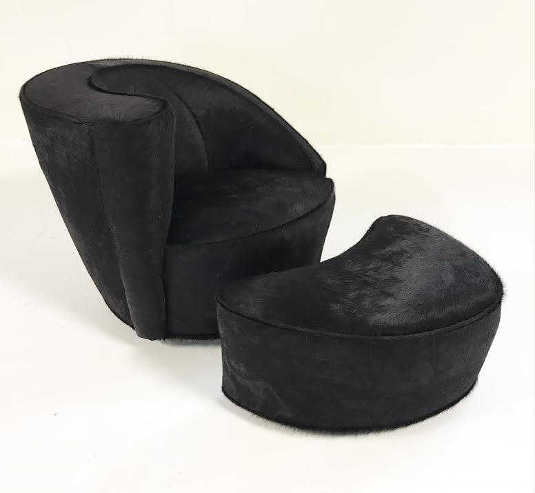 Vladimir Kagan Nautilus Chair and Ottoman in Natural Black Brazilian Cowhide