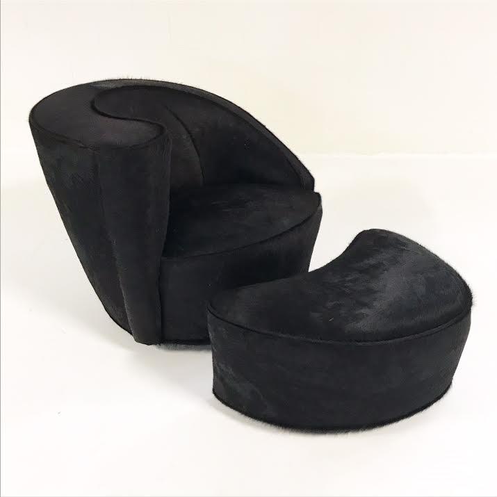 Vladimir Kagan Nautilus Chair and Ottoman in Natural Black Brazilian Cowhide