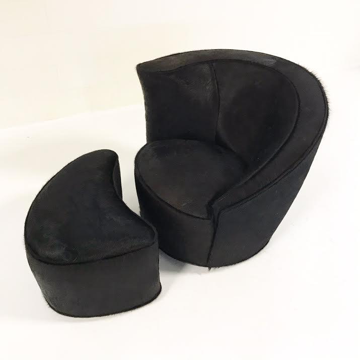 Vladimir Kagan Nautilus Chair and Ottoman in Natural Black Brazilian Cowhide