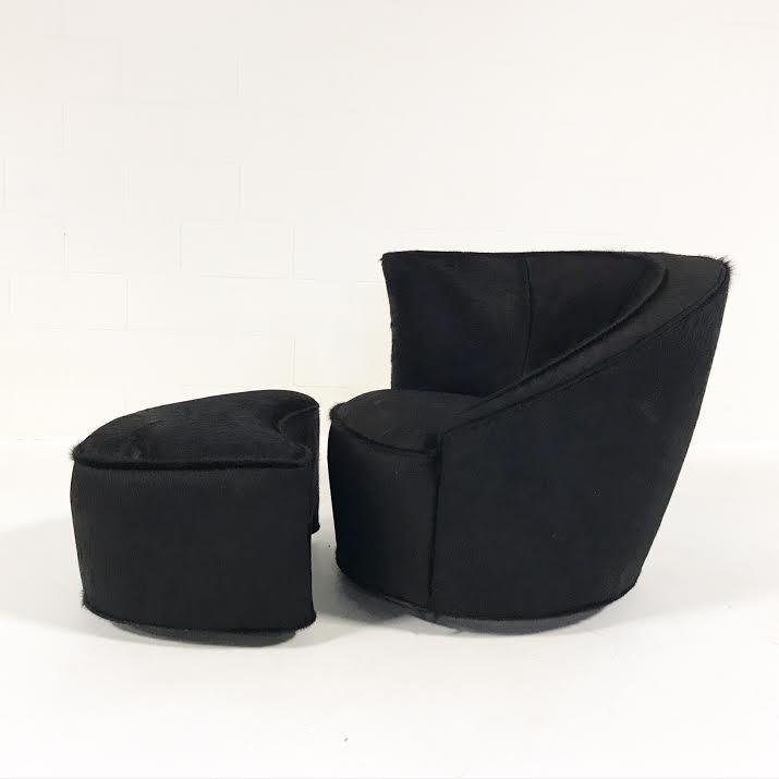 Vladimir Kagan Nautilus Chair and Ottoman in Natural Black Brazilian Cowhide