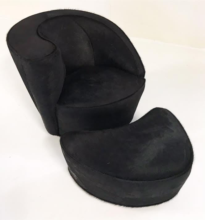 Vladimir Kagan Nautilus Chair and Ottoman in Natural Black Brazilian Cowhide