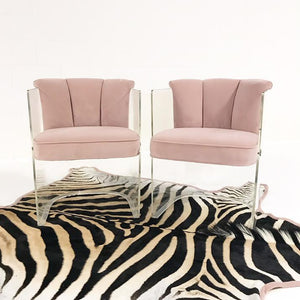 c. 1965 Vladimir Kagan Armchairs Model 6700 Reupholstered in Blush Pink Velvet with Zebra Hide Rug
