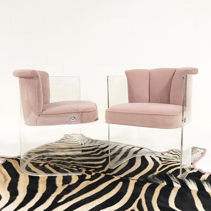 c. 1965 Vladimir Kagan Armchairs Model 6700 Reupholstered in Blush Pink Velvet with Zebra Hide Rug