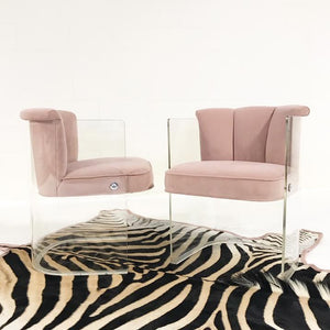 c. 1965 Vladimir Kagan Armchairs Model 6700 Reupholstered in Blush Pink Velvet with Zebra Hide Rug