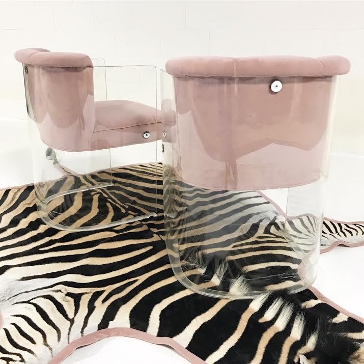 c. 1965 Vladimir Kagan Armchairs Model 6700 Reupholstered in Blush Pink Velvet with Zebra Hide Rug