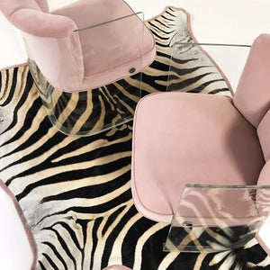 c. 1965 Vladimir Kagan Armchairs Model 6700 Reupholstered in Blush Pink Velvet with Zebra Hide Rug