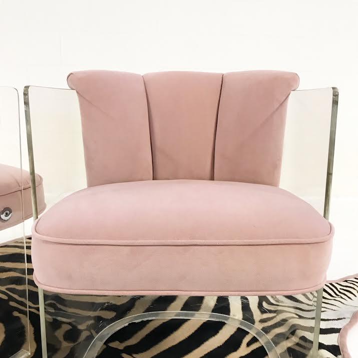 c. 1965 Vladimir Kagan Armchairs Model 6700 Reupholstered in Blush Pink Velvet with Zebra Hide Rug