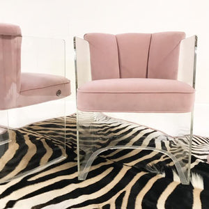 c. 1965 Vladimir Kagan Armchairs Model 6700 Reupholstered in Blush Pink Velvet with Zebra Hide Rug