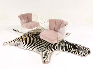 c. 1965 Vladimir Kagan Armchairs Model 6700 Reupholstered in Blush Pink Velvet with Zebra Hide Rug