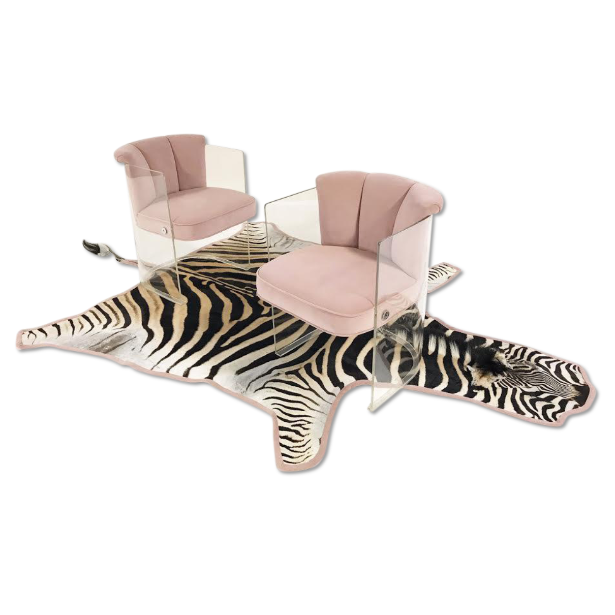 c. 1965 Vladimir Kagan Armchairs Model 6700 Reupholstered in Blush Pink Velvet with Zebra Hide Rug