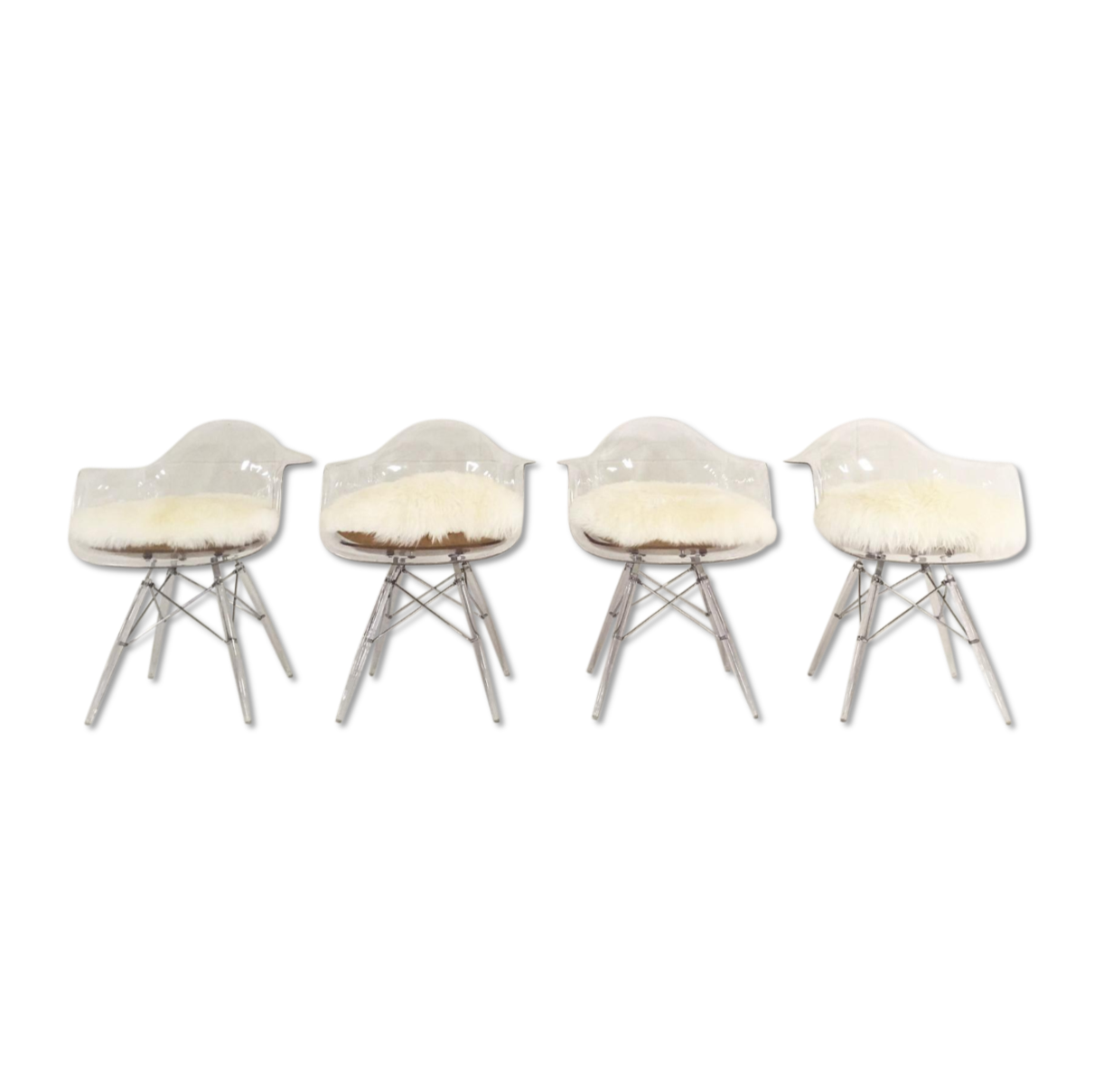 Mid-Century Style Lucite Dining Chairs with Sheepskin Cushion - Set of 4