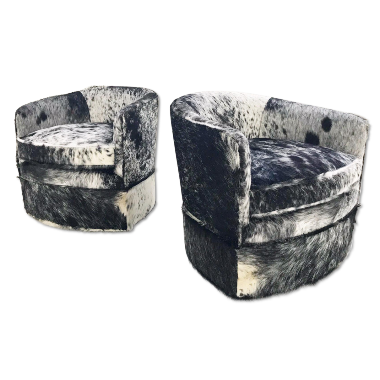 Milo Baughman Wheeled Slipper Chairs Restored and Reupholstered in Black and White Speckled Brazilian Cowhide