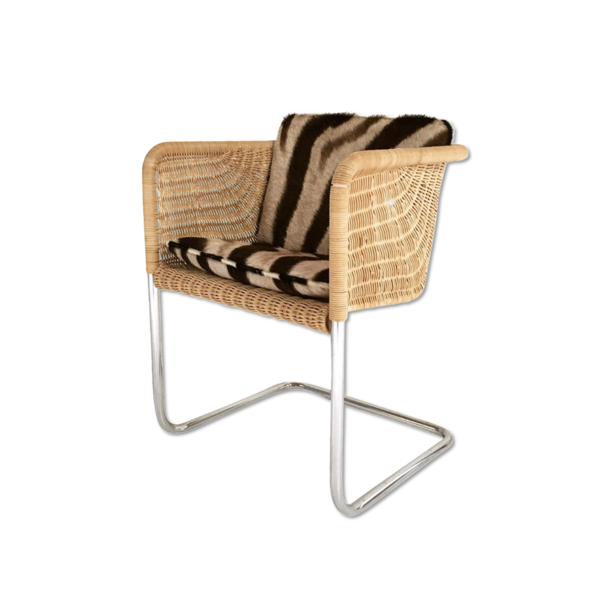 HARVEY PROBBER WICKER AND CHROME CHAIR WITH ZEBRA CUSHIONs