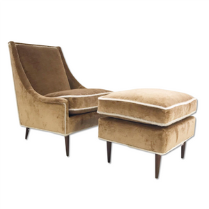 Milo Baughman Lounge Chair and Ottoman in Ralph Lauren Caramel Linen Velvet with Brazilian Cowhide Welting