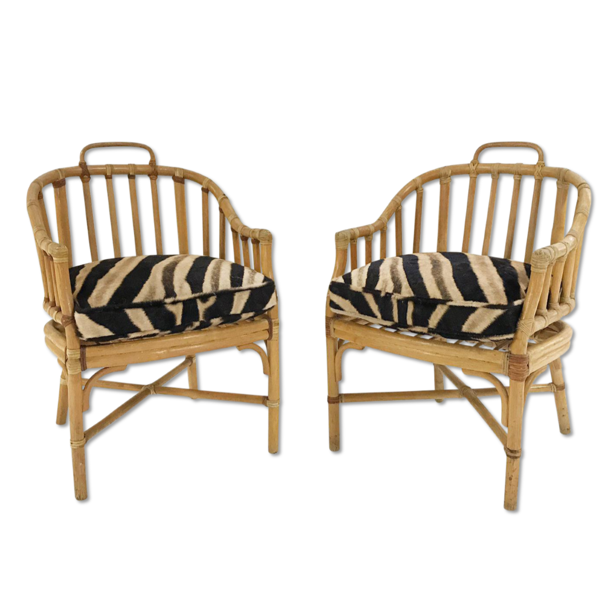 Pair of Rattan Armchairs with Zebra Hide Cushions
