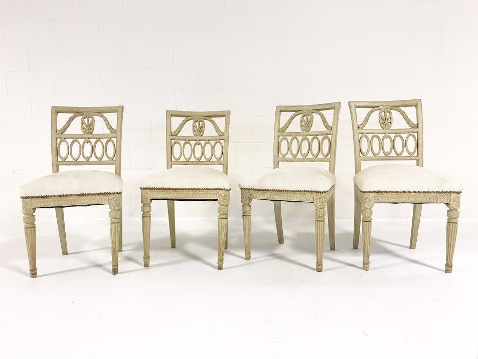 18th Century Swedish Painted Side Chairs Reupholstered in Ivory Brazilian Cowhide - Set of 4