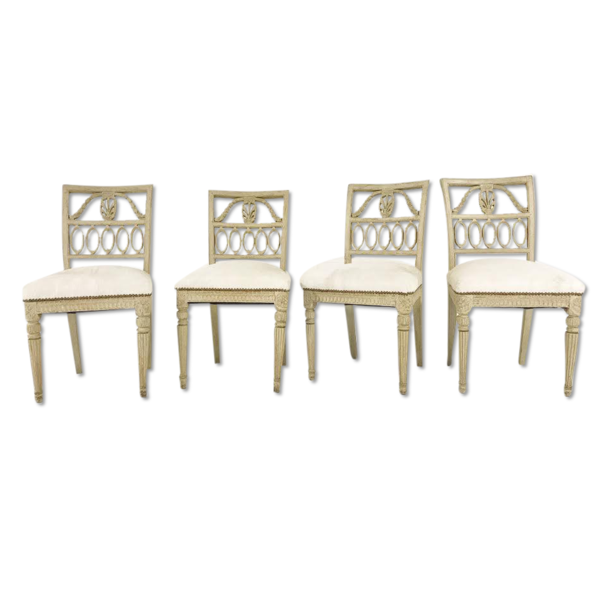 18th Century Swedish Painted Side Chairs Reupholstered in Ivory Brazilian Cowhide - Set of 4