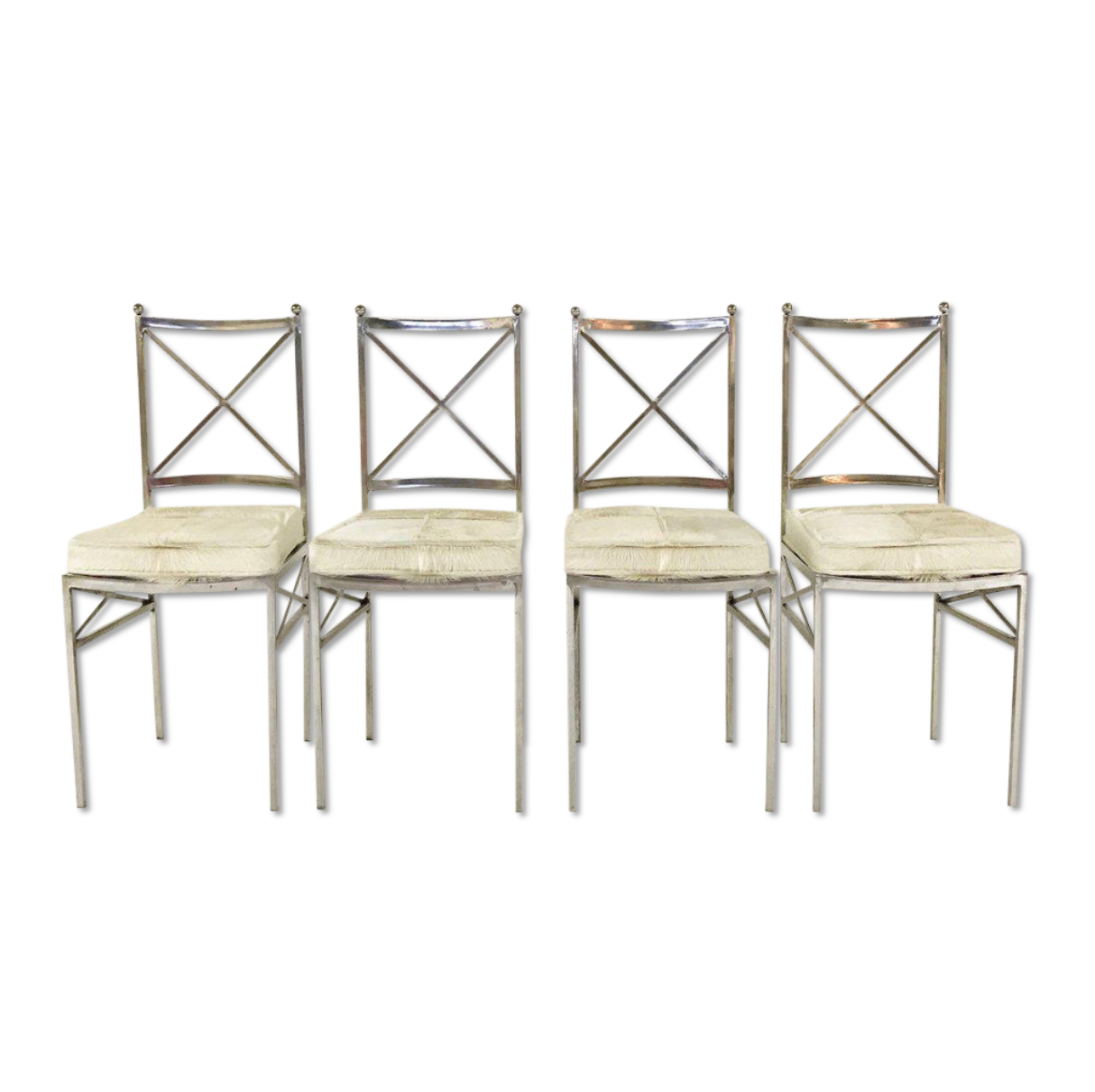 Midcentury Swedish Polished Steel Dining Chairs with Ivory Cowhide Cushions - Set of 10