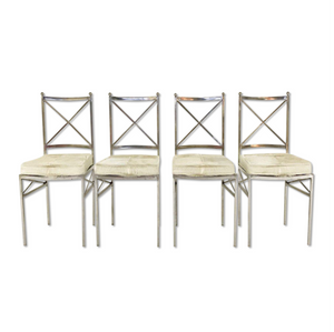 Midcentury Swedish Polished Steel Dining Chairs with Ivory Cowhide Cushions - Set of 10