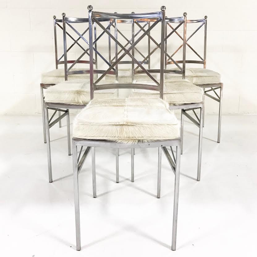 Midcentury Swedish Polished Steel Dining Chairs with Ivory Cowhide Cushions - Set of 10