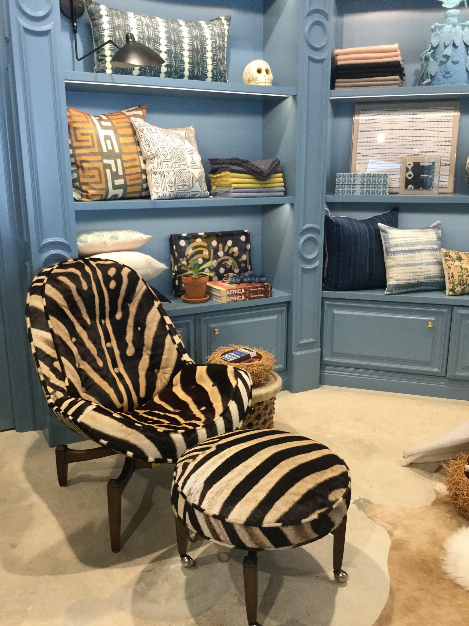 Mid-Century Lounge Chair with Ottoman Restored  and Reupholstered in Zebra Hide