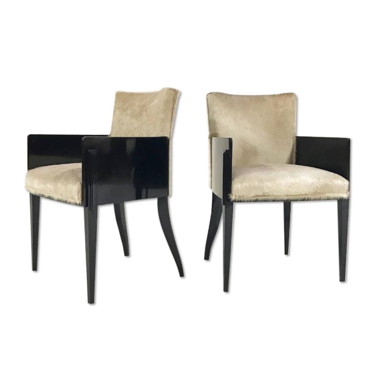 Pair of Art Deco Black Lacquered Chairs in Brazilian Cowhide