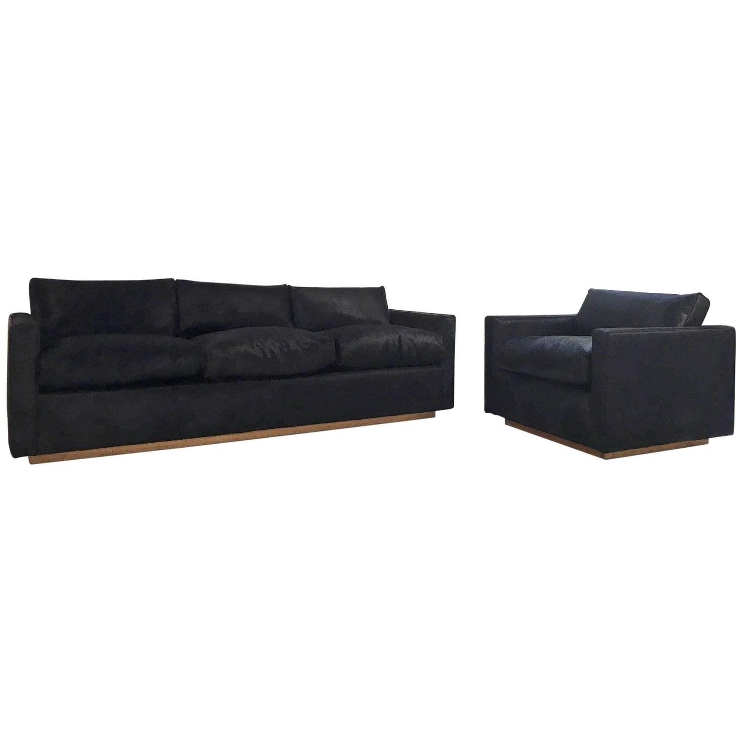 Pair of Mid-Century Sofa and Chair in Natural Black Cowhide