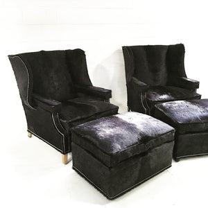 Wingback Chairs in Natural Black Brazilian Cowhide