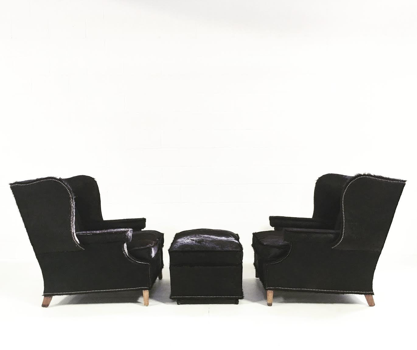 Wingback Chairs in Natural Black Brazilian Cowhide