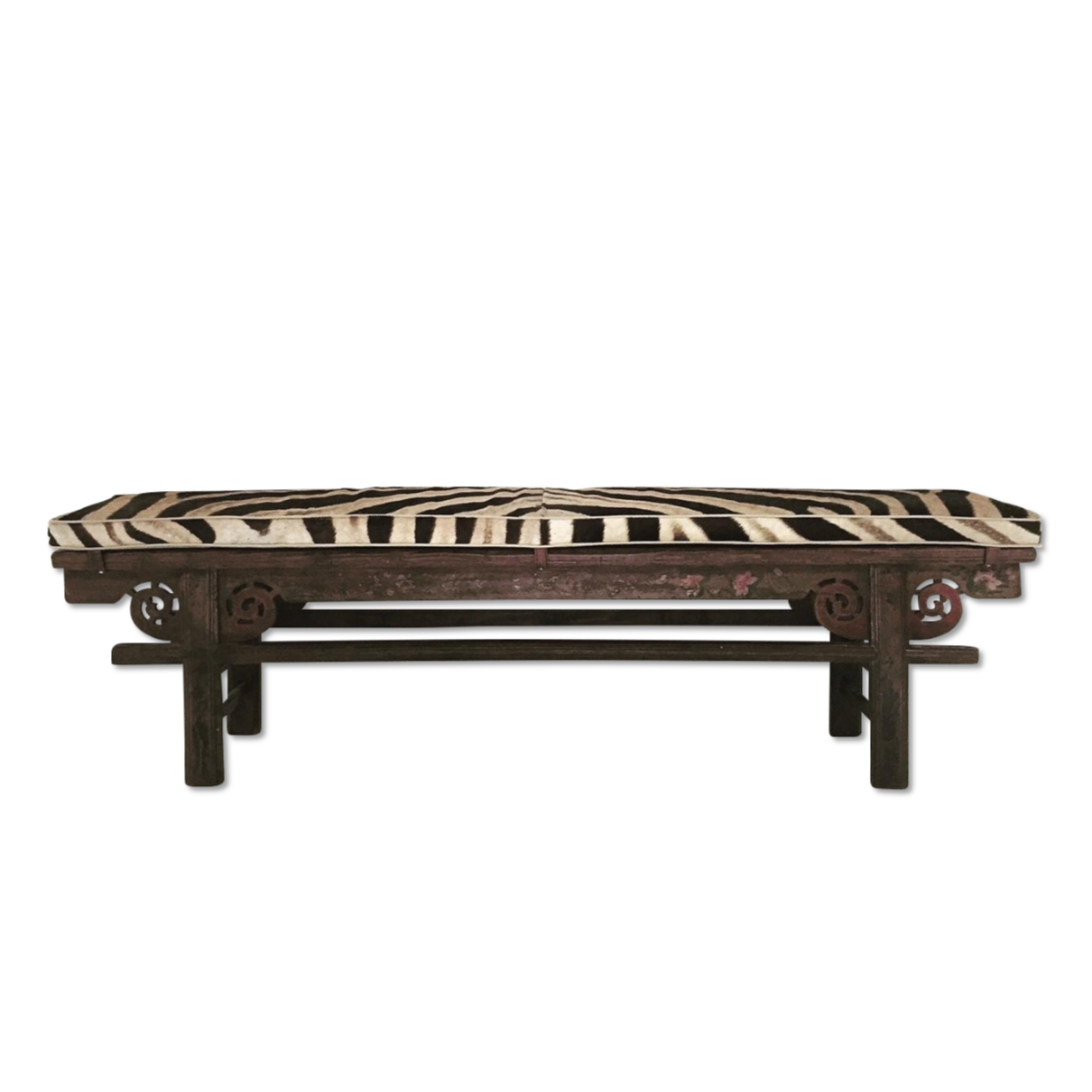 CHINESE PAINTED BENCH WITH ZEBRA HIDE CUSHION No. 2