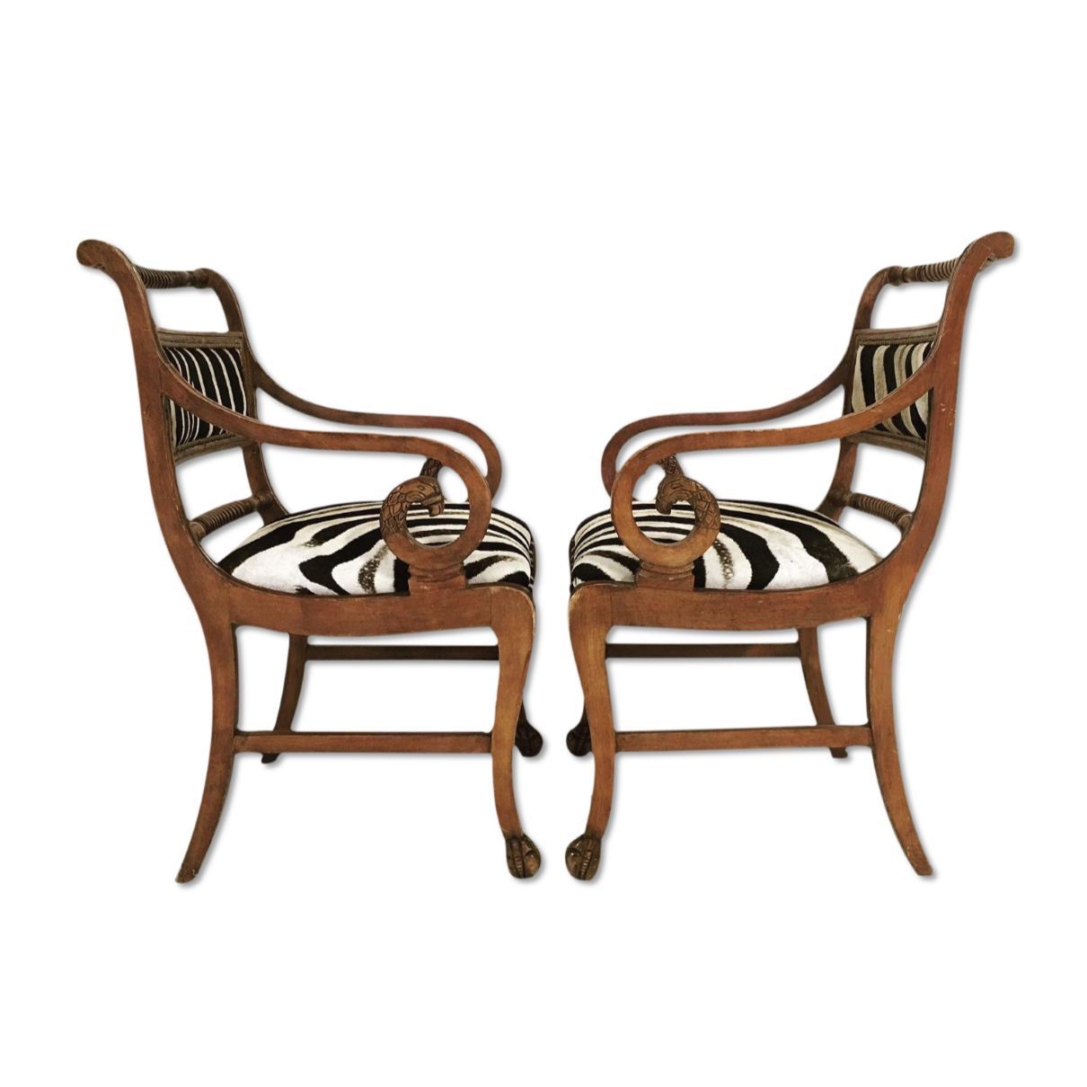 PAIR OF VINTAGE CARVED ARMCHAIRS IN ZEBRA HIDE