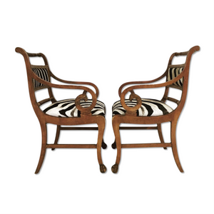 PAIR OF VINTAGE CARVED ARMCHAIRS IN ZEBRA HIDE