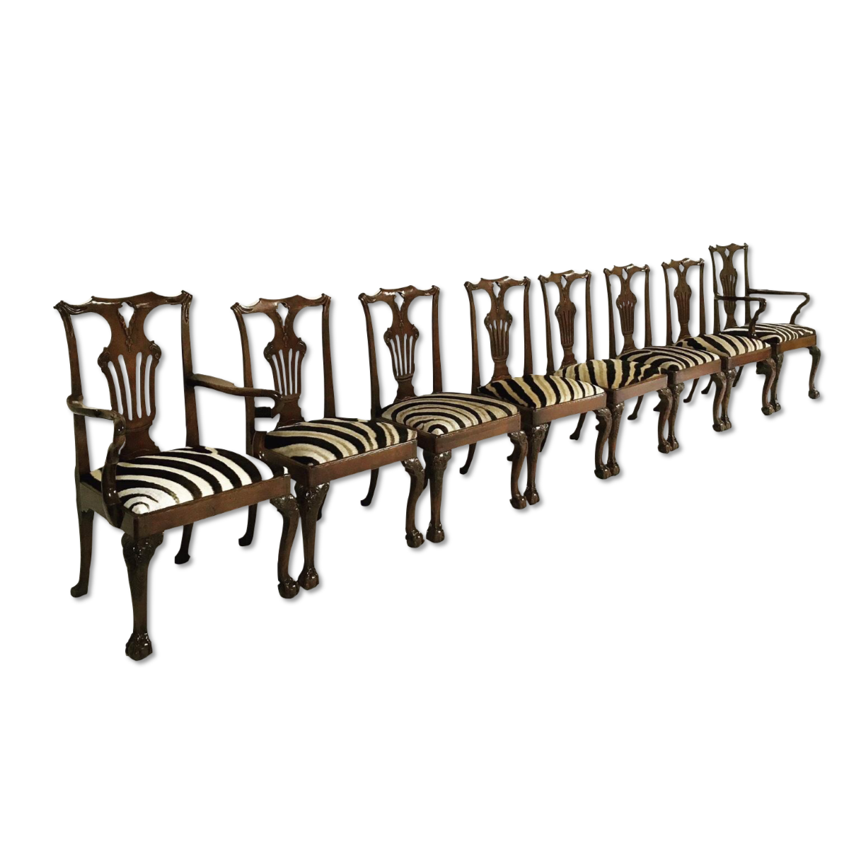 George II Walnut Dining Chairs in South African Zebra Hide - Set of 8