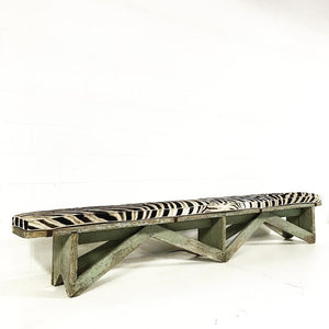 EXTRA LONG VINTAGE FARMHOUSE BENCH WITH ZEBRA CUSHION