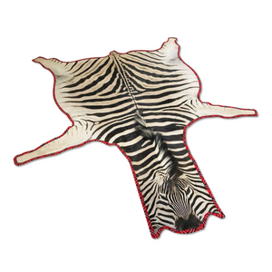 Zebra Hide Rug Trimmed in Maasai Shuka