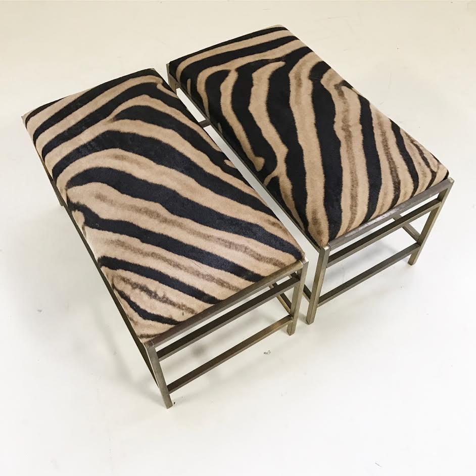 Pair of McCobb Style Brass Benches in Zebra Hide