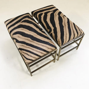 Pair of McCobb Style Brass Benches in Zebra Hide