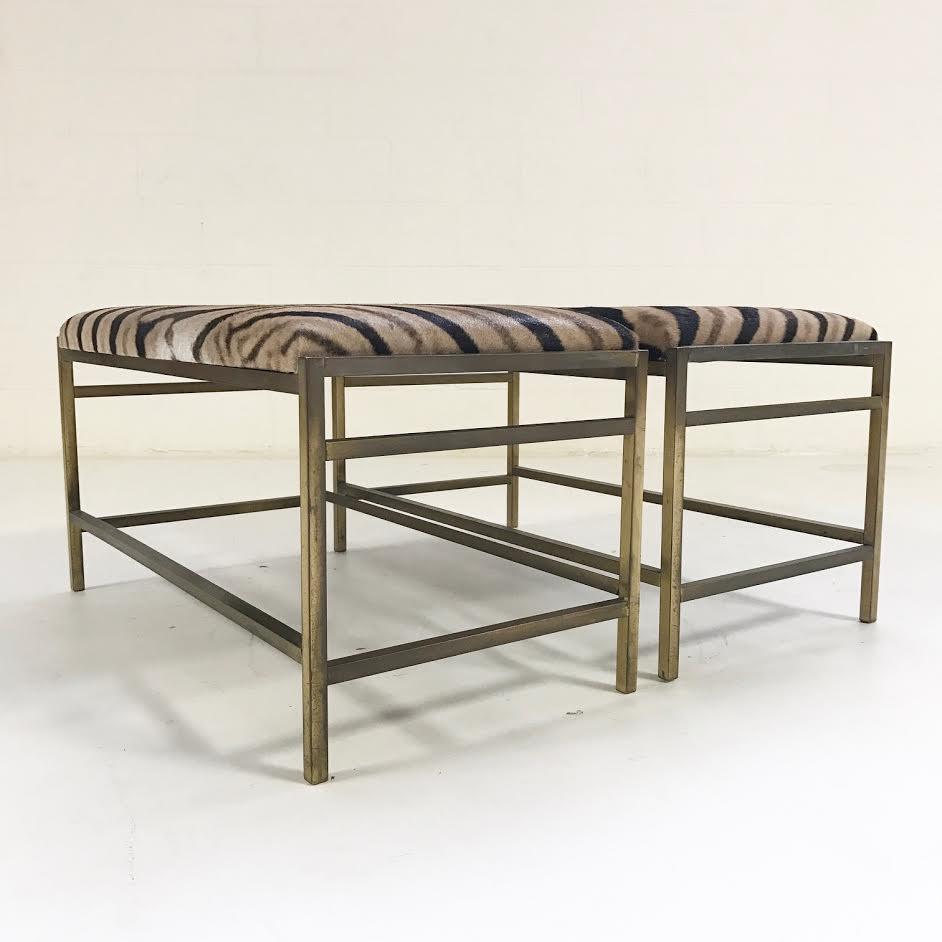 Pair of McCobb Style Brass Benches in Zebra Hide