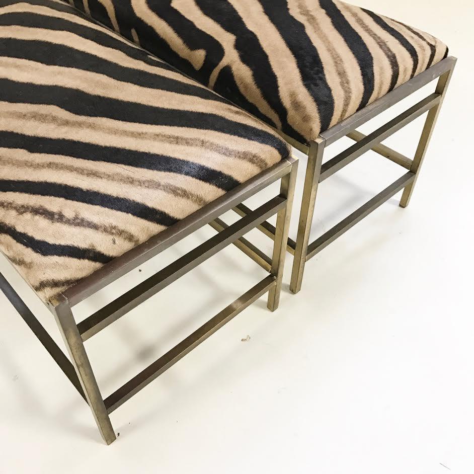 Pair of McCobb Style Brass Benches in Zebra Hide
