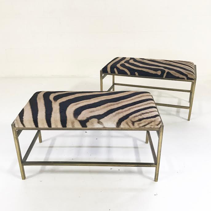 Pair of McCobb Style Brass Benches in Zebra Hide