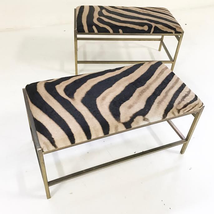 Pair of McCobb Style Brass Benches in Zebra Hide
