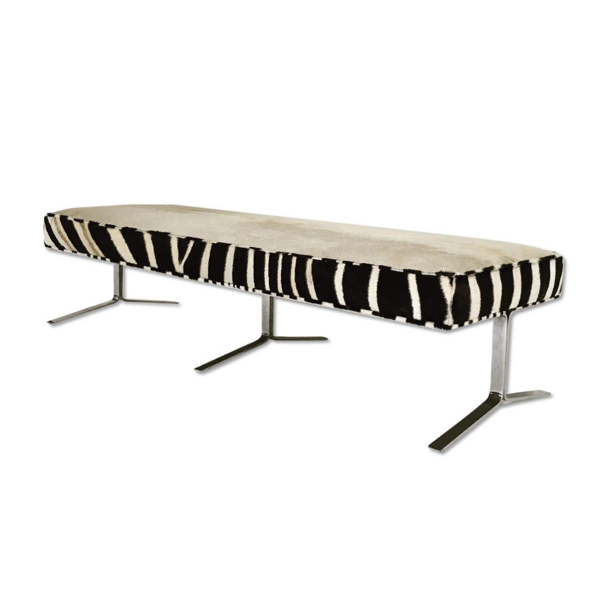 Modern Chrome Bench in Ivory Cowhide and Zebra Hide