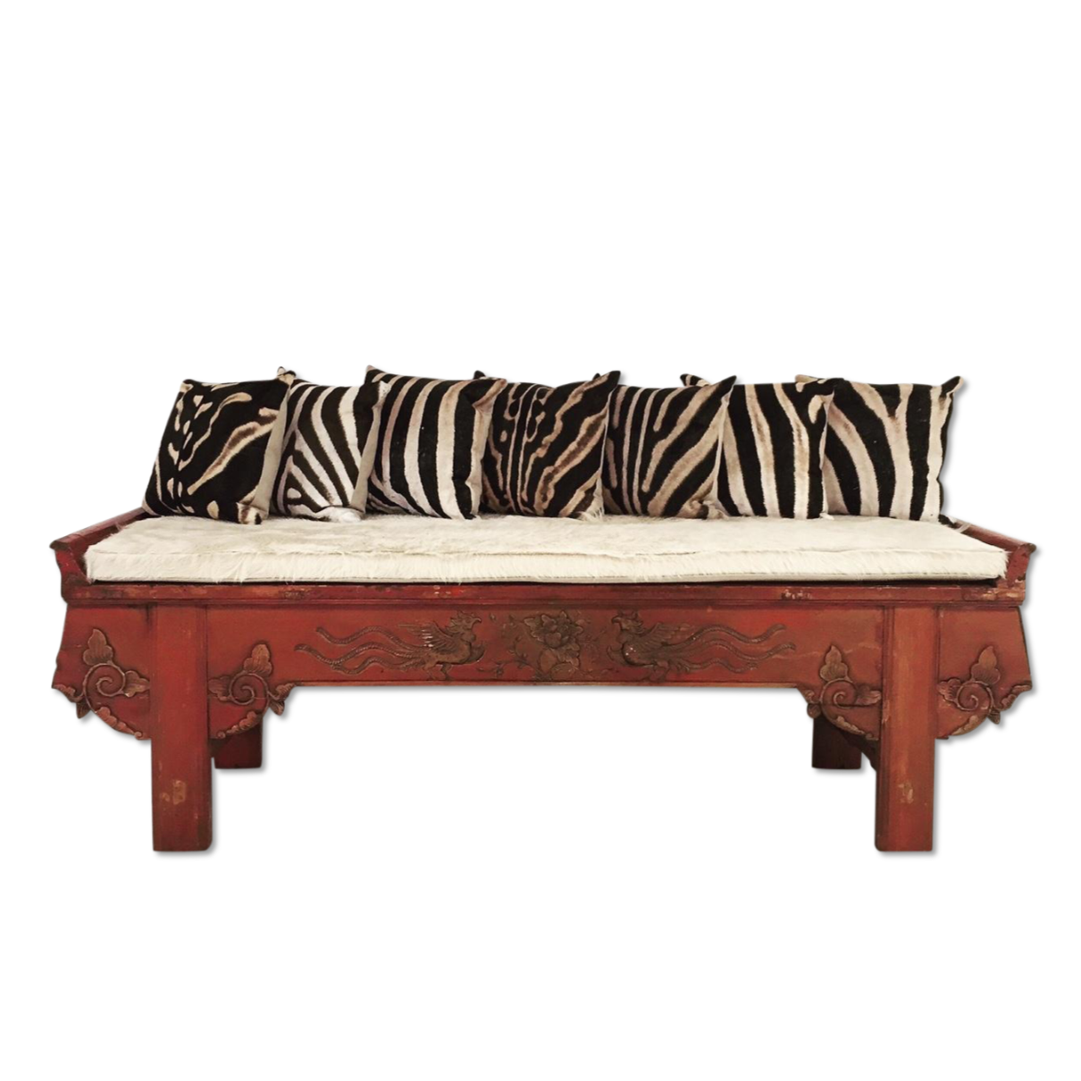 Carved Phoenix Bird Bench with Ivory Cowhide Cushion - No. 11