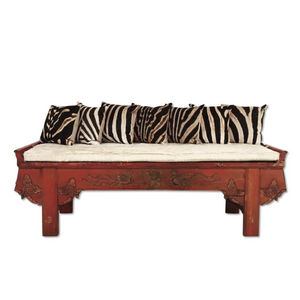 Carved Phoenix Bird Bench with Ivory Cowhide Cushion - No. 11