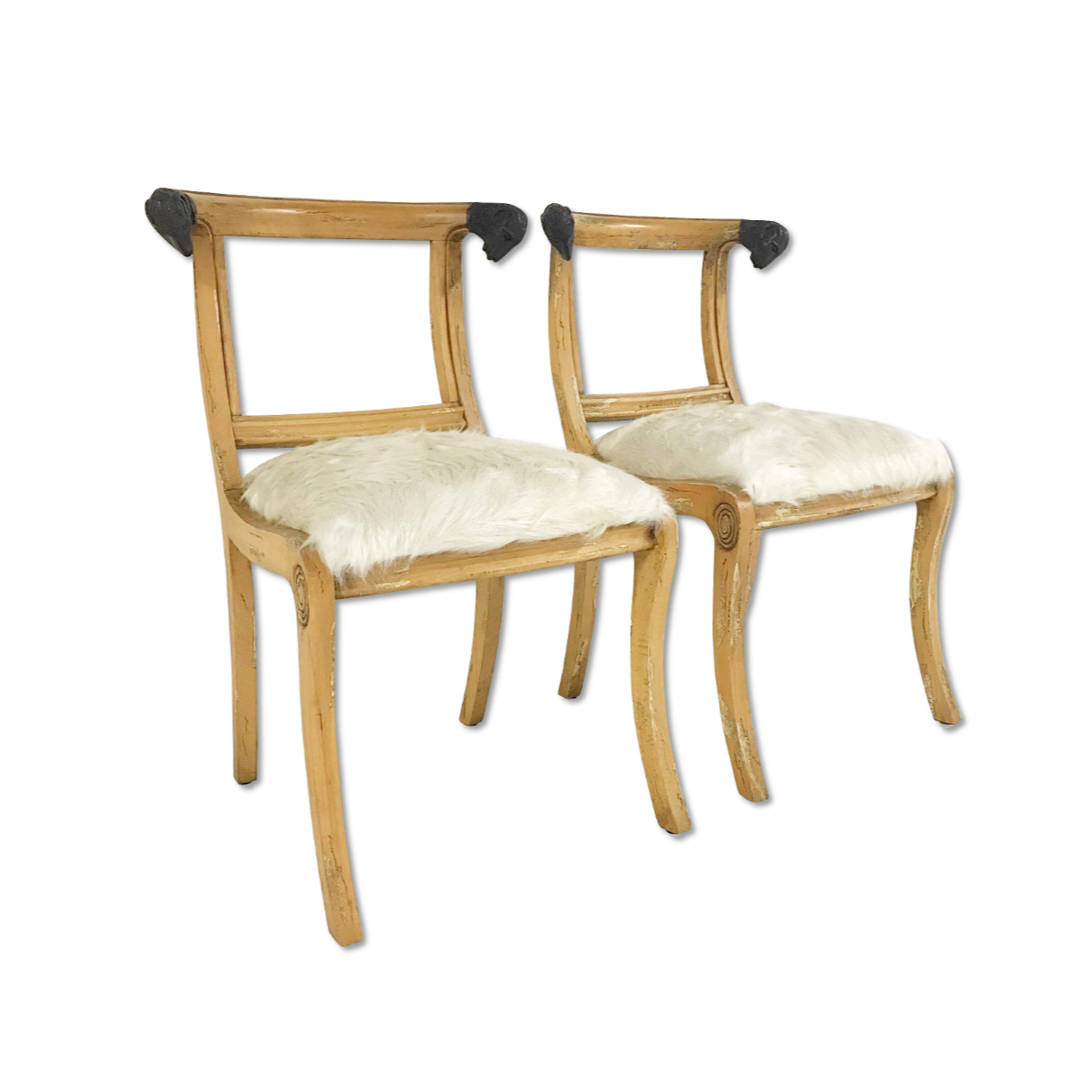 Pair of French Side Chairs with Ram Heads in Ivory Cowhide