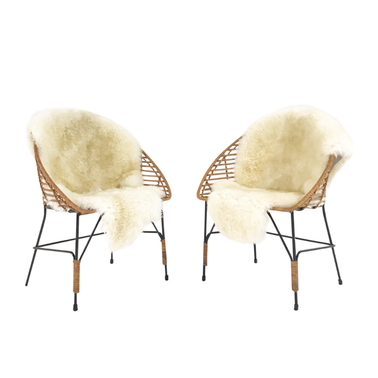 Mid-Century Iron and Rattan Chairs with Brazilian Sheepskins