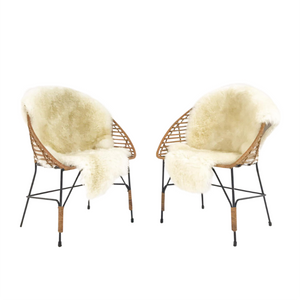 Mid-Century Iron and Rattan Chairs with Brazilian Sheepskins